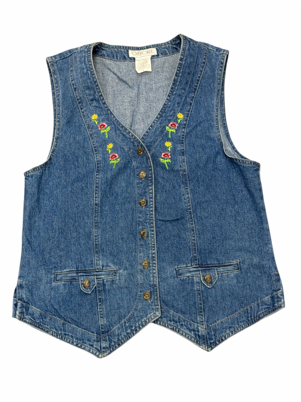 Cherokee Blue Denim Vest with Floral Embroidery